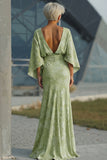 Floral Sage Green Mermaid Round Neck Ruched Long Mother of the Bride Dress