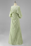 Floral Sage Green Mermaid Round Neck Ruched Long Mother of the Bride Dress