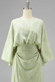 Floral Sage Green Mermaid Round Neck Ruched Long Mother of the Bride Dress