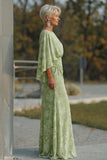 Floral Sage Green Mermaid Round Neck Ruched Long Mother of the Bride Dress