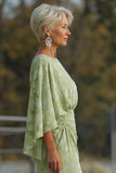 Floral Sage Green Mermaid Round Neck Ruched Long Mother of the Bride Dress
