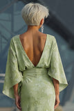Floral Sage Green Mermaid Round Neck Ruched Long Mother of the Bride Dress