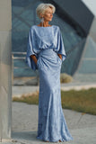Dusty Blue Floral Round Neck Backless Long Mother of the Bride Dress