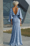 Dusty Blue Floral Round Neck Backless Long Mother of the Bride Dress