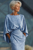 Dusty Blue Floral Round Neck Backless Long Mother of the Bride Dress