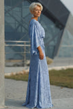Dusty Blue Floral Round Neck Backless Long Mother of the Bride Dress