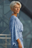 Dusty Blue Floral Round Neck Backless Long Mother of the Bride Dress