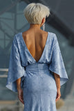 Dusty Blue Floral Round Neck Backless Long Mother of the Bride Dress
