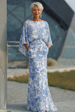 Mermaid White Blue Floral Round Neck Long Mother of the Bride Dress