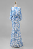 Mermaid White Blue Floral Round Neck Long Mother of the Bride Dress