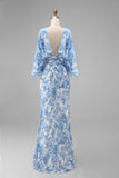 Mermaid White Blue Floral Round Neck Long Mother of the Bride Dress