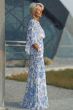 Mermaid White Blue Floral Round Neck Long Mother of the Bride Dress