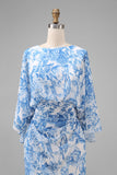 Mermaid White Blue Floral Round Neck Long Mother of the Bride Dress