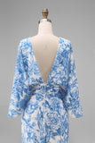 Mermaid White Blue Floral Round Neck Long Mother of the Bride Dress