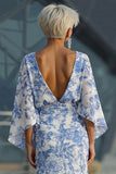 Mermaid White Blue Floral Round Neck Long Mother of the Bride Dress
