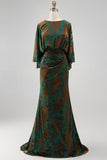 Dark Green Floral Mermaid Ruched Round Neck Long Mother of the Bride Dress