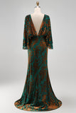 Dark Green Floral Mermaid Ruched Round Neck Long Mother of the Bride Dress