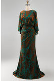 Dark Green Floral Mermaid Ruched Round Neck Long Mother of the Bride Dress