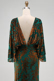 Dark Green Floral Mermaid Ruched Round Neck Long Mother of the Bride Dress