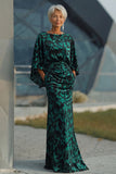 Peacock Blue Mermaid Floral Round Neck Backless Long Mother of the Bride Dress