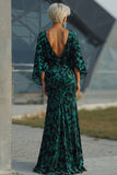 Peacock Blue Mermaid Floral Round Neck Backless Long Mother of the Bride Dress