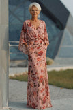 Dusty Rose Floral Round Neck Chiffon Mermaid Long Mother of the Bride Dress