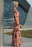 Dusty Rose Floral Round Neck Chiffon Mermaid Long Mother of the Bride Dress