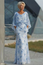 Light Blue Chiffon Flutter Sleeves Round Neck Long Mother of the Bride Dress