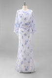Light Blue Chiffon Flutter Sleeves Round Neck Long Mother of the Bride Dress