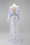 Light Blue Chiffon Flutter Sleeves Round Neck Long Mother of the Bride Dress