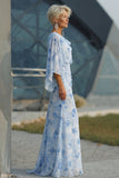 Light Blue Chiffon Flutter Sleeves Round Neck Long Mother of the Bride Dress