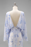 Light Blue Chiffon Flutter Sleeves Round Neck Long Mother of the Bride Dress