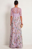 Floral Dusty Rose Illusion Neck Long Mother of the Bride Dress