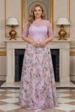 Dusty Rose Plus Size Illusion Neck Floral Long Mother of the Bride Dress