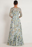 Lilac Floral A Line Illusion Neck Embroidered Long Wedding Guest Dress