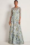 Lilac Floral A Line Illusion Neck Embroidered Long Wedding Guest Dress
