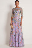Lilac Floral A Line Illusion Neck Embroidered Long Wedding Guest Dress