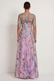 Lilac Floral A Line Illusion Neck Embroidered Long Wedding Guest Dress