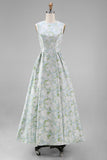 White Blue Floral A Line Round Neck Long Formal Dress
