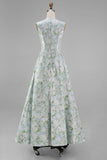 White Blue Floral A Line Round Neck Long Formal Dress
