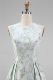 White Blue Floral A Line Round Neck Long Formal Dress