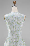 White Blue Floral A Line Round Neck Long Formal Dress