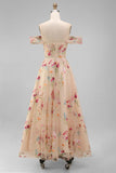 Black Floral A Line Embroidered Off the Shoulder Long Formal Dress