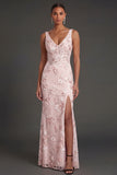 Sparkly Sequined Pink Sheath Floral V Neck Long Formal Dress with Slit