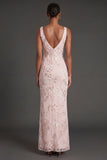 Sparkly Sequined Pink Sheath Floral V Neck Long Formal Dress with Slit