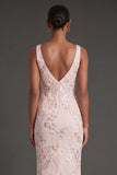 Sparkly Sequined Pink Sheath Floral V Neck Long Formal Dress with Slit