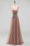 Dusty Rose A Line Ruched V Neck Maxi Wedding Guest Dress