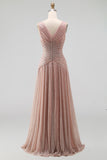 Dusty Rose A Line Ruched V Neck Maxi Wedding Guest Dress
