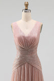 Dusty Rose A Line Ruched V Neck Maxi Wedding Guest Dress