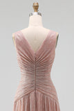 Dusty Rose A Line Ruched V Neck Maxi Wedding Guest Dress